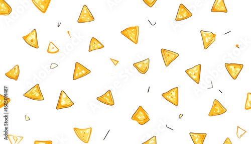 Playful pattern of scattered golden-yellow nacho tortilla chips with a glossy, cartoonish style.