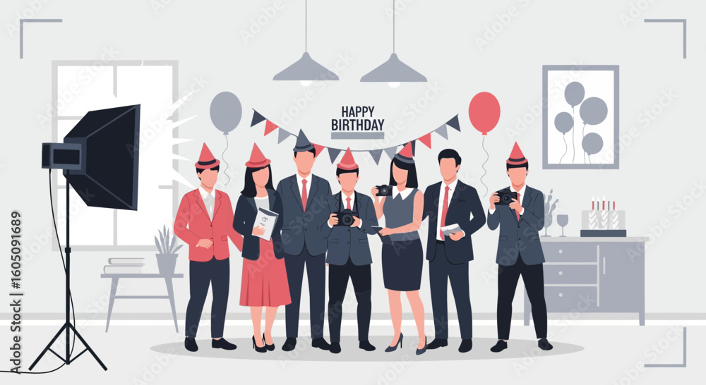 Fototapeta premium Birthday Party Photography Team Celebrating A Colleague In Photography Studio