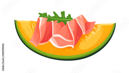 Classic Italian appetizer of prosciutto ham and arugula on a juicy cantaloupe melon wedge.