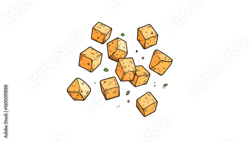 Golden brown fried tofu cubes with herbs, hand-drawn cartoon style illustration.