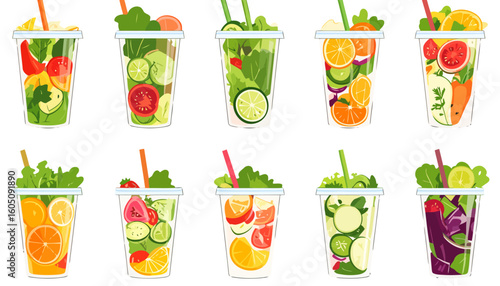 Vector set of healthy salads in transparent to-go cups. Colorful mix of fresh sliced fruits and vegetables like lettuce, tomato, orange, and cucumber with straw