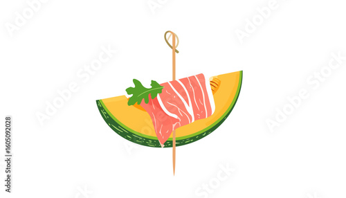 A gourmet canap? of prosciutto-wrapped cantaloupe melon with fresh arugula on a wooden skewer.