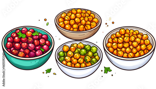 Assortment of colorful legumes in ceramic bowls, a vibrant cartoon-style illustration with bold outlines and fresh parsley garnish.