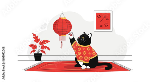 Black Cat Celebrates Lunar New Year Reaching for Traditional Lantern