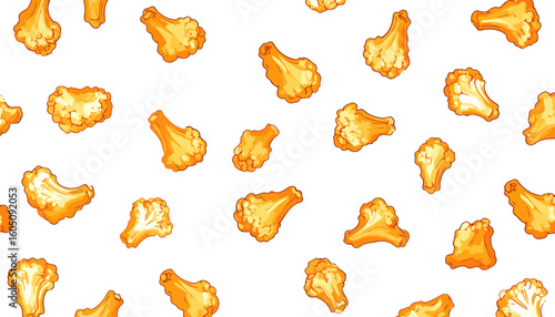 Seamless Pattern of Golden Fried Cauliflower Florets with Crispy Batter, Cartoon Style Illustration.