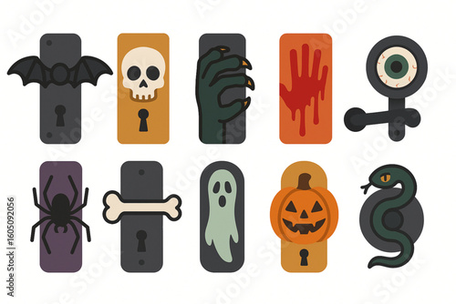 Set of Creepy Halloween Doorknob Icons in Flat Vector Style