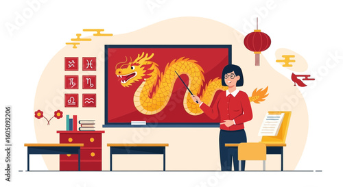Enlightening Class Depicting the Majestic Golden Dragon in Traditional Learning Environment