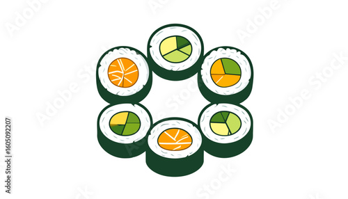 Illustrated sushi maki rolls with colorful pie chart fillings arranged in a circular pattern.