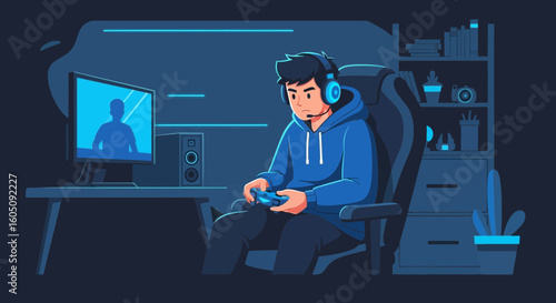 Dedicated Gamer Immersed In Virtual World Playing With A Controller At Home