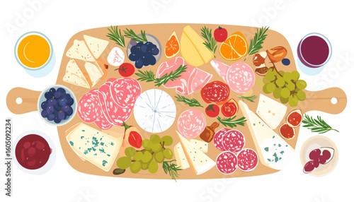 Gourmet charcuterie board illustration with assorted cheeses, cured meats, fresh fruits, and wine.