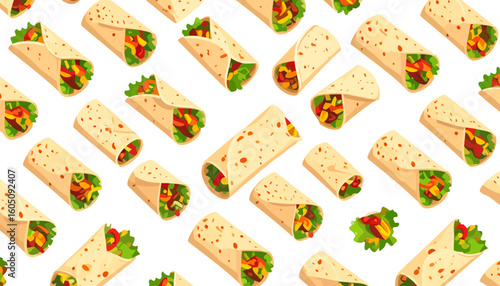 Delicious cartoon burrito wrap filled with fresh lettuce, peppers, and savory meat.