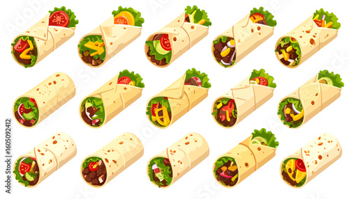 Colorful cartoon set of Mexican burritos and wraps with various fresh fillings like meat, lettuce, tomato, and cheese, presented in a vector style.
