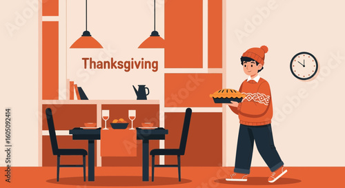 Boy Bringing Thanksgiving Pie To Festive Dinner Table Celebration