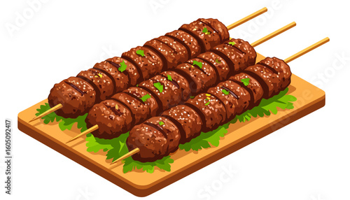 Three grilled minced meat skewers with sesame seeds and herbs on a wooden board