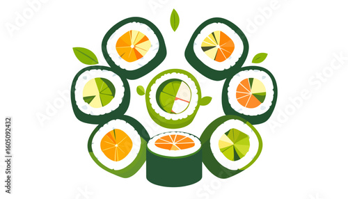 Flat Design Illustration of Japanese Maki Rolls with Colorful Citrus Fruit Fillings