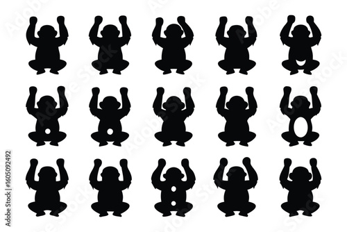 Collection of black silhouette illustrations of cute squirrels in various poses and actions