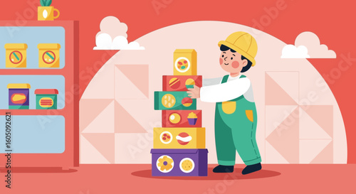 Boy Building A Tower Of Food Product Boxes Wearing A Construction Helmet