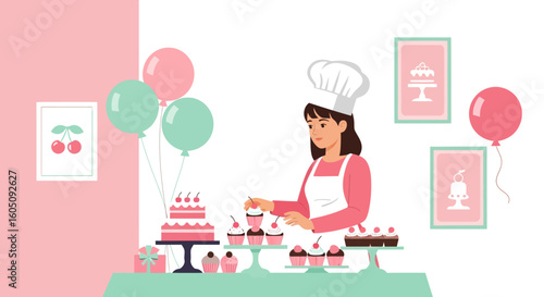 Confectioner Decorating Cake At Sweet Pastel Party Baking Studio Illustration