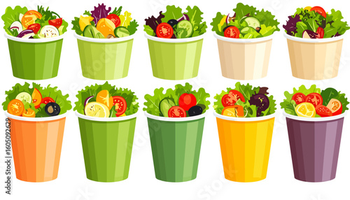 A vibrant collection of fresh vegetable salads in colorful takeaway paper cups, a healthy meal set.