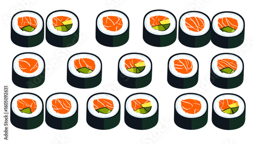Set of Japanese maki sushi rolls with salmon and avocado, vector illustration.