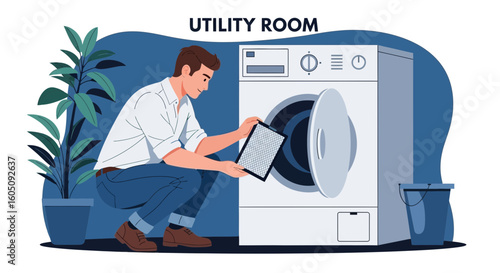 Dedicated Husband Cleaning Washing Machine Filter In The Laundry Room