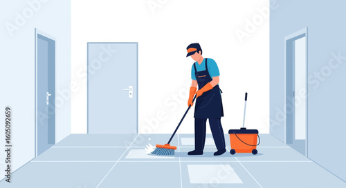 Dedicated Janitor Sweeping Tiled Floor With Broom In Commercial Hallway Setting