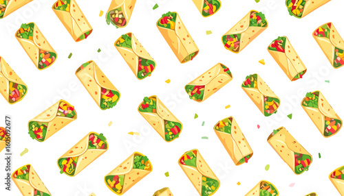 Delicious cartoon burrito wrap with a golden tortilla, filled with fresh lettuce and colorful chopped vegetables.