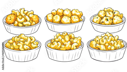A hand-drawn illustrated set of six bowls featuring various macaroni and cheese comfort food dishes.