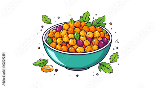 Vibrant cartoon illustration of a chickpea salad in a teal bowl, garnished with fresh parsley.