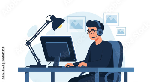 Dedicated Professional Working Diligently At His Computer From Home Or Office