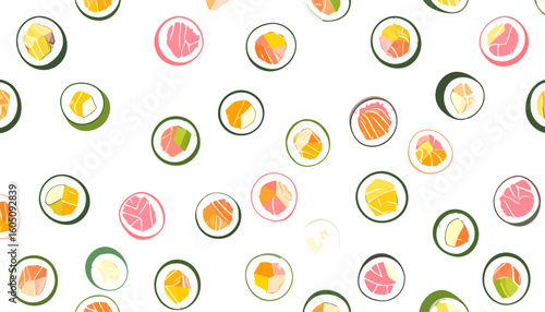 Colorful pattern of assorted Japanese sushi maki rolls in a flat graphic style.