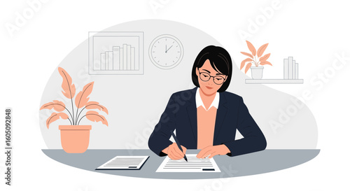 Confident Woman Signing Contract In Bright Office Workplace Illustration