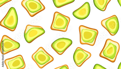 Cartoon avocado toast pattern with fresh green slices on toasted bread.