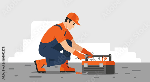 Dedicated Tradesman Repairing Equipment With Toolbox On An Urban Background