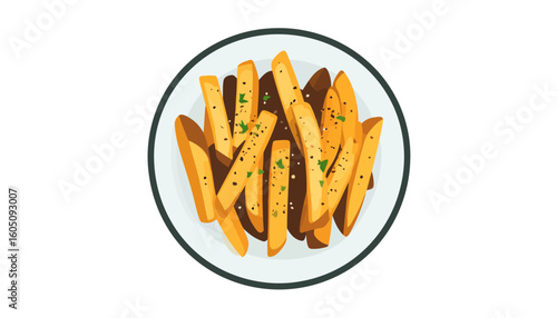 A plate of golden french fries smothered in rich brown gravy and garnished with fresh herbs and pepper.
