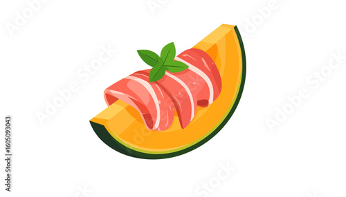 Cantaloupe melon slice with prosciutto ham and fresh basil leaf garnish.