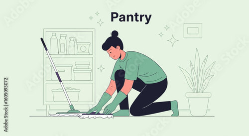 Dedicated Young Woman Meticulously Cleans the Pantry with a Mop for Sanitation