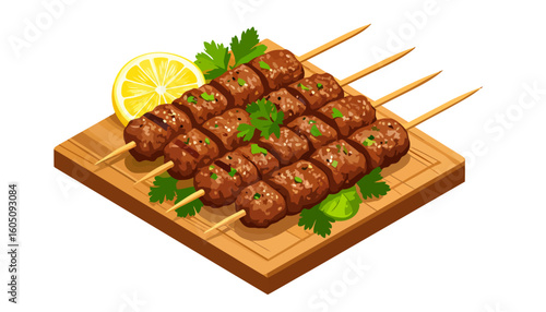 Four Juicy Grilled Meat Kebabs on Skewers, Garnished with Herbs and Served with Lemon on a Wooden Platter
