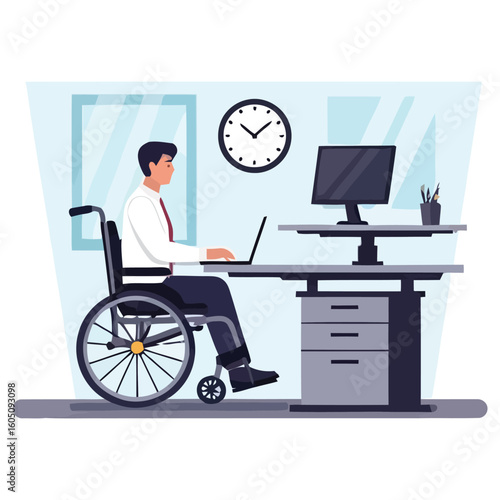 Disabled businessman in a wheelchair working on a laptop at an office desk with a female colleague