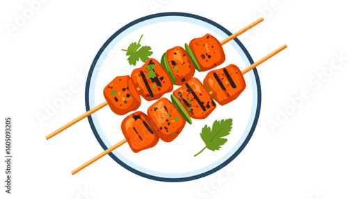 Two grilled paneer tikka skewers with charred marks, peppers, and herbs on a plate.