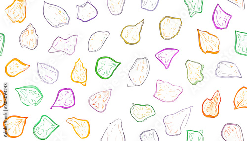 Colorful hand-drawn illustration of scattered, translucent, crispy chips or petals with sketchy outlines.