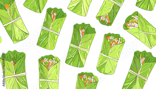 Hand-drawn illustration of fresh vegetable wraps in green leaves, filled with shredded carrots and cabbage.
