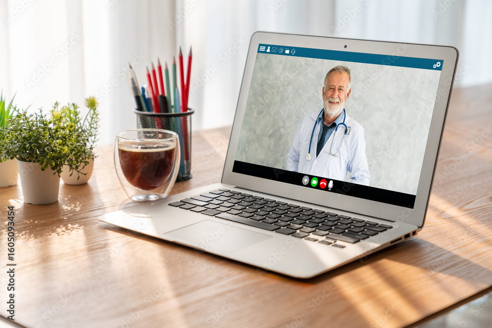 Fototapeta premium Doctor video call online by modish telemedicine software application for virtual meeting with patient