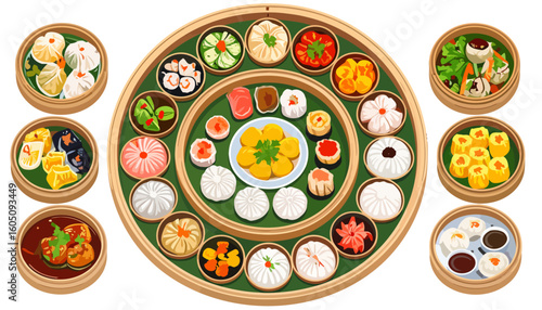Vibrant assortment of Chinese dim sum dishes, dumplings, and buns served in traditional bamboo steamers.