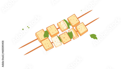 Two skewers of grilled tofu cubes with fresh green herbs, cartoon style illustration.