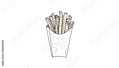 Sketch-style illustration of golden French fries in a speckled paper container with black outlines.