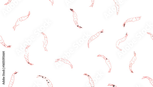 Delicate pink illustrated shrimp with black details in a seamless repeating pattern.