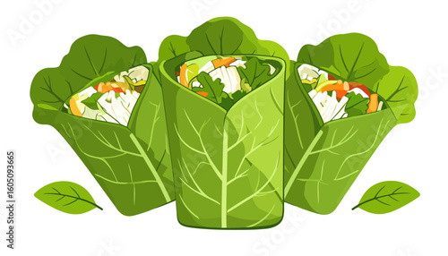 Illustrated trio of fresh green lettuce wraps with a healthy vegetable filling.