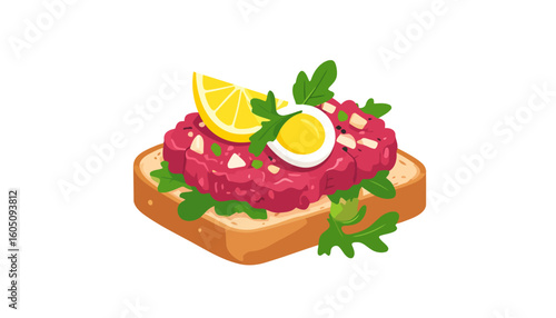 Steak tartare on toast, garnished with arugula, a lemon wedge, and a halved quail egg.