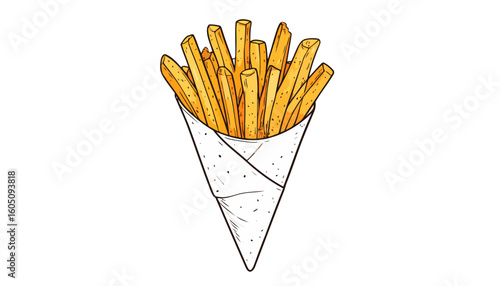Hand-drawn illustration of golden crispy french fries served in a white paper cone.